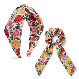 RIFLE PAPER CO. Roses Silky Twisted Fabric Headband & Scrunchie Set | Signature Bright Floral Pattern, Top Off Your Outfit. Covered Plastic Band Durable for Everyday Use (Gift for Mom, Teen, Girl)