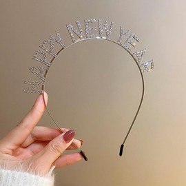 Jumwrit Silver Rhinestone Headband Happy New Year Metal Headband Nonslip Thin Princess Hair Band New Year Eve Party Headpiece for Women Girls (Style 1)