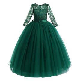 Little Big Girls Vintage Floral Lace Half Sleeve Pageant Long Tutu Dress Princess Party Floor Length Tulle First Communion Junior Bridesmaid Formal Prom Puffy Evening Dance Gowns Green 13-14 Years