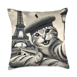Paris Cat in Beret with Baguette Funny Eiffel Tower Throw Pillow