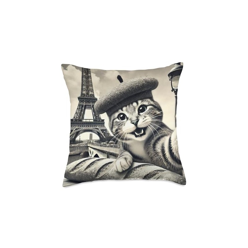 Paris Cat in Beret with Baguette Funny Eiffel Tower Throw