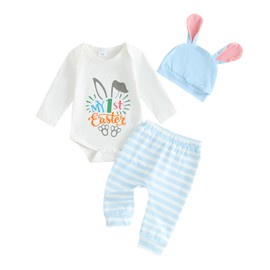 Loalirando My 1st Easter Baby Girl Boy Outfit Long Sleeve Romper Bunny Print Romper Tops Striped Pants Ears Hat 3PCS Clothes Set (White, 6-12 Months)