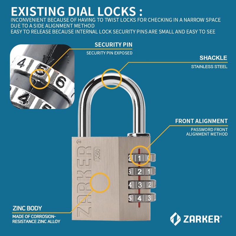 Zarker X50 4 Digit Stainless Steel Shackle Combination Lock, Anti