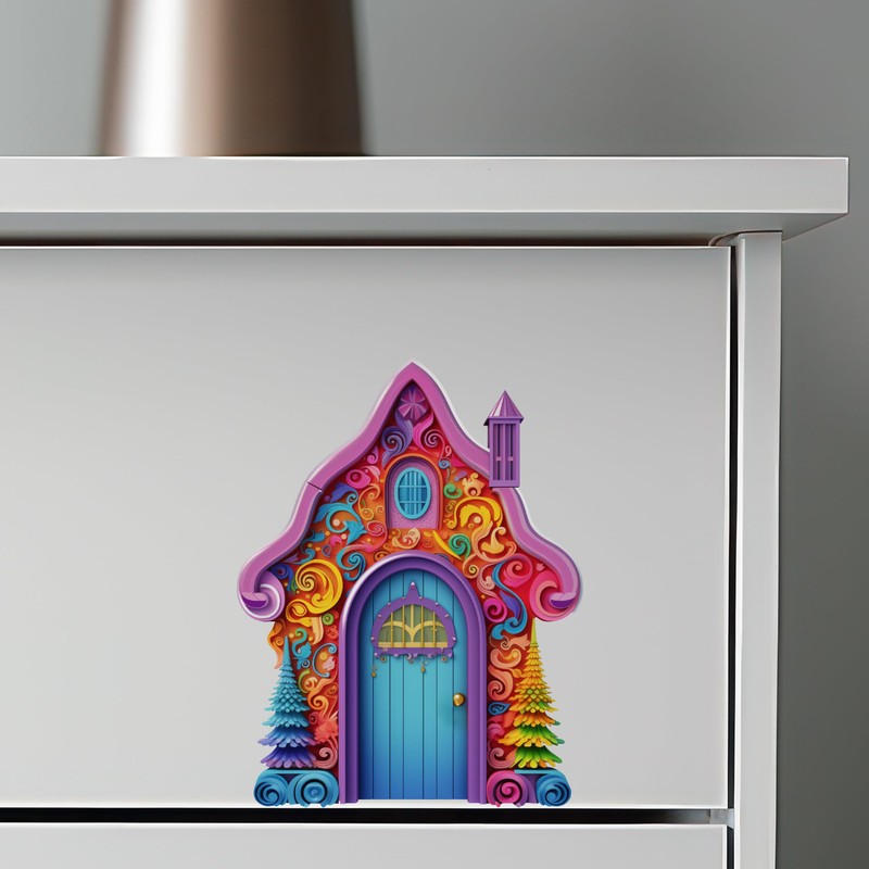 Bright Rainbow House with Trees - Fairy Door Wall Sticker