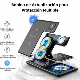 Pantio Cargador Inalámbrico, 3 En 1 Estacion de Carga 15W Carga Rápida, Base Cargador Magnético Plegable Compatible para Phone 15/14/13/12/11/X/8, Galaxy Mate Series, Audífono 2/3/Pro, Watch(Negro)