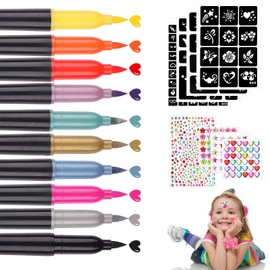Tattoo Pens Children, 10 Colours Tattoo Pens, Skin-friendly, Glitter Tattoo Pen Set with 4 Stencils, 4 Glitter Stones Face for the Skin, Boys, Girls, Adults, Birthday Party, Gift