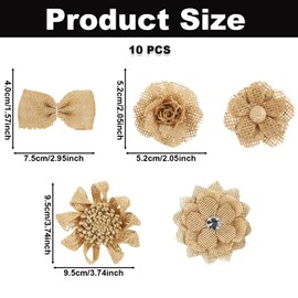 10PCS Burlap Flowers Craft Supplies, 10 Styles Rustic Jute Rose Flowers & Bows, 2.36 Inch Rustic Styles Linen Applique for Wedding, Clothing, Shoes, Bags, DIY Crafts & Home Decorations Supplies