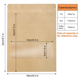 Blisstime Stand Up Pouch Bags, 50 Pack Kraft Pouch with Tear Notch and Matte Window, Heat sealable Zip Lock Food Storage Bag (6.3" X8.7")