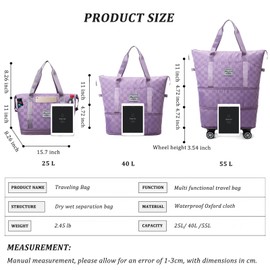 Travel Duffels Bag with Wheels,Travel Bags for Women,Expandable 55L Travel Bag with Wheels,Weekend Bag,Foldable Travel Bag,Rolling Duffle Bag,Carry on Luggage,Gift for Men Women Suitcases (Purple)