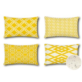 Artscope Waterproof Cushion Covers, Pack of 4 Geometric Yellow Cushion Covers, Breathable Cushion Case for Outdoor, Balcony, Patio, Garden, Farmhouse Decor, 40 x 60 cm (Geometry 49)
