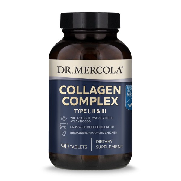 Dr. Mercola Collagen Complex Dietary Supplement, Type I, II and II, 30 Servings (90 Tablets), Non GMO, Gluten Free, Soy Free