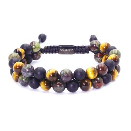 Triple Protection Bracelets for Men - COLORFEY Protection Crystals Energy Beads Tigers Eye Onyx Bloodstone Mens Beads Bracelet Double Wrap, Natural Stone Crystal Bracelet for Men Gifts for Him Balance