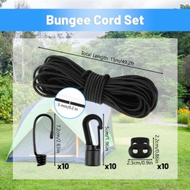 Bungee Cord 5 mm x 15 m, Black Shock Cord, Round Elastic Rope with Hooks and Cord Locks, Bungee Rope for Tarpaulin, Trailer, Backpack, Tent Pole, DIY Craft Projects