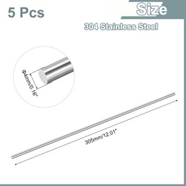 sourcing map 5Pcs 304 Stainless Steel Rods, 4mm x 305mm Metal Solid Shaft Round Rod Lathe Bar Stock for Model Plane Cars Ship DIY Craft Metal Working