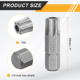 HARFINGTON 5pcs T40 Torx Screwdriver Bit 1/4" Hex Shank 25mm/1" Length S2 Steel Star 6 Point Head Hex Security Screw Driver Bits with Hole for Impact Electric Screw Driver Power Tools, Grey