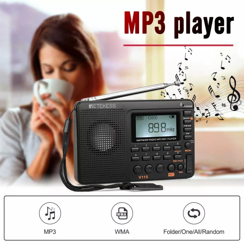 Retekess V115 FM AM SW Radio Digital Rechargeable MP3 Record