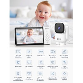 GHB ABM720C Baby Monitor with Camera 5 Inch 350° Rotation 5000 mAh 720P Night Vision VOX Mode Digital Zoom Intercom Function Temperature Display