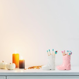 ZUHSAN 2 Pack Cowboy match holder, Home decor ceramic match holder, cowboy boot match holder, with striker, MATCHES NOT INCLUDED (Glossy White & Pink)