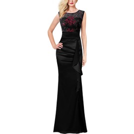 VFSHOW Womens Black Red Floral Embroidery Lace Ruched Ruffle High Slit Formal Evening Gown Prom Wedding Party Maxi Long Dress 8297 BLK 3XL
