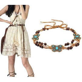 Vanrose Jan Bohemian Womens Woven Belt Braided Waistband Wax Rope Skirt Dress Decorative Tassel Belts, Blue Butterfly, One Size