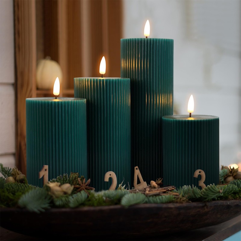Girimax Teal Flat Top Ribbed Flameless Pillar Candles with Remote,