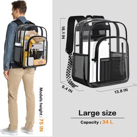 PAMANO Clear Backpack Durable Large (34L) Heavy Duty Transparent Bookbag See Through Bag for College Work Travel Security, Black XL
