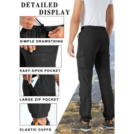 ANGEL CITIZ Mens Hiking Pants Cargo Sweatpant with Zipper Pocket Stretch Lightweight Trousers Jogger Pant for Travel Work Workout Athletic Casual Gym Tactical with Drawstring Elastic Flex Black-M