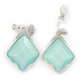 Diamond Shaped Pale Green Acrylic Bead, Crystal Drop Clip On Earrings In Silver Tone - 40mm L