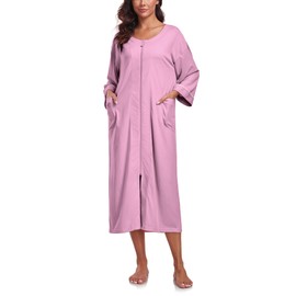 EA'S SECRET Women 100% Cotton Robes Lightweight Zipper Front 3/4 Sleeve Full Length Housecoat with Pockets Loungewear, Dusty Rose, X-Large