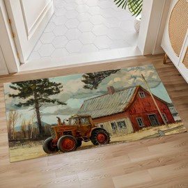 Plistiz Rustic Farm Tractor Indoor Door Mat, 17x29.5 Inch, Floor Area Rug for Entryway, Living Room, or Bathroom, Non-Slip Doormat, Vintage Red Barn and Tractor Design Home Decor Rug Gifts