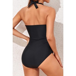 Smismivo Tummy Control Bathing Suits for Women Halter Slimming One Piece Swimsuit Cut Out Ruched Push Up V Neck Front Cross Cutout Swimwear for Pool (Black)