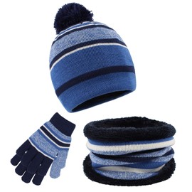 Zsedrut Kids Winter Hat Scarf Gloves Set Toddler Girls Boys Warm Knit Beanie Neck Warmer (Blue,3-8Years)