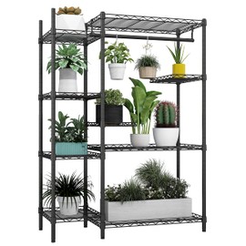 Xiofio Plant Stands for for Indoor Outdoor, Heavy Duty Metal Plant Stand,large Plant Shelf,Adjustable Plant Shelves With Hanging Rod for Living Room,Balcony,Garden,Black