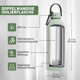 Exllena Stainless Steel Water Bottle with Handle & Carabiner - 500 ml/750 ml/1 L/1.5 L Insulated Thermos Flask, 100% Leak-proof and BPA-Free, Thermal Water Bottle for Sports, Office & Everyday Use