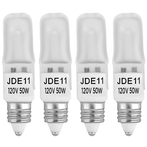 4-Pack JD E11 120V 50W Frosted Halogen JDE11 50W Bulb Warm White 50 Watt E11 Bulb Frosted JDE11 for Chandeliers, Pendants, Table Lamps, Cabinet Lighting, Mini-Candelabra Base, by Bluex Bulbs
