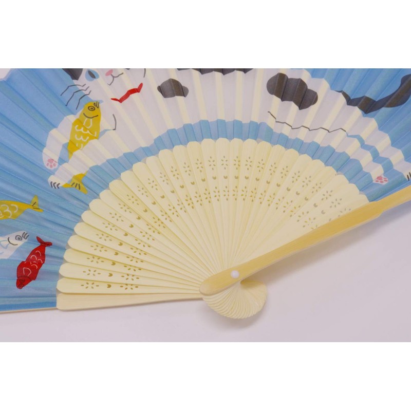 Keisuu 4526847142568 Japanese Pattern Silk Fan with Bag Cat (Blue)