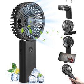 Hianjoo Handventilator Tragbarer mit Lanyard, Nackenventilator Mini Ventilator, 4 IN 1 Faltbarer USB-Lüfter mit Basis, Wiederaufladbarer Leiser Taschenventilator für Zuhause und Outdoor - Schwarz