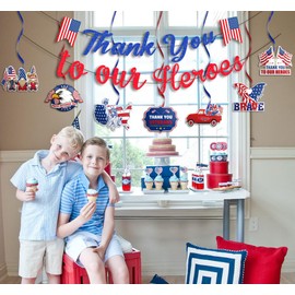 Veterans Day Decorations Banner Set Include DIY 1pc Thank You To Our Heroes Banner and 12pcs Patriotic Theme Thank You Veterans Hanging Swirls for Patriotic Supplies Decor