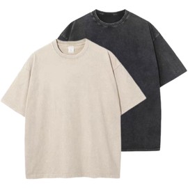 Bobeutou 2 Pack Men Oversized Cotton T-Shirts Vintage Acid Washed Unisex Tee Loose Short Sleeve Casual Shirts Basic Tops (Apricot+Black,L)