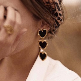 Yienate Black Heart Earrings Unique Interlocking Heart Dangle Earrings Long Tassel Enamel Love Heart Drop Earrings Explanation Prom Heart Dangle Stud Earrings For Women