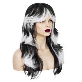 IMEYLE Black and White Wig Long Black White Gradient Wavy Wigs Layered Wolf Cut Vampire Wig for Women Shoulder Length Wigs for Cosplay Costume Outfit Halloween Party + Hair Cap