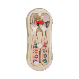 Viners 2 Piece Kids Travel Cutlery Set Stainless Steel Fork & Spoon with Easy-Grip Handles & Carry Case, Cute Animal Train Design, Ideal for Lunchboxes & On-The-Go