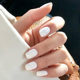 Handcess Square Shiny False Nails Short White Press On Nails Pure Colour Full Cover False Nails Stick On Nail 24 Pieces for Women and Girls