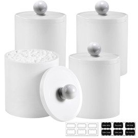 SheeChung Plastic Acrylic Bathroom Vanity Countertop Canister Jars with Storage Lid, Apothecary Jars Qtip Holder Makeup Organizer for Cotton Balls,Swabs,Pads,Bath Salts (White, 4 Pack of 15 oz.)