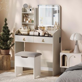 GarveeHome Vanity Desk with LED Light Mirror and Charging Station,Small Makeup Vanities Set with 2 Drawers,Vanity for Girls Women with Storage Stool (White + Black Tabletop)