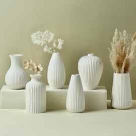 Parlamain 6'' White Ceramic Ribbed Bud Vase in Bulk, Set of 6 Small Pampas Grass Flower Vase for Modern Farmhouse, Boho Home Decor, Living Room, Vintage Wedding Centerpiece, Table Decoration, Shelf
