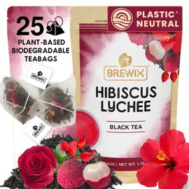 BREWIX, Hibiscus Lychee Tea Bags (25 Plant Based Tea Bags) Caffeine-Free, Made with Real - Hibiscus Flowers, Black Tea, Rosehip, Apple, Licorice, Rose | Contains Antioxidants & Support Overall Health