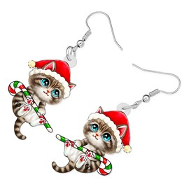 RAIDIN Acrylic Cute Christmas Cat Pets Earrings for Women Girls Anime Kitten Dangle Hook Earrings Jewelry Gifts for Cat Lovers (Red)