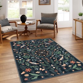 Lahome Insect Botanical Washable Black 5x7 Area Rugs for Living Room, Non Slip Rugs for Bedroom, Boho Indoor Throw Dining Room Rugs for Under Table Carpet for Entryway Kitchen Office(Black,5x7)