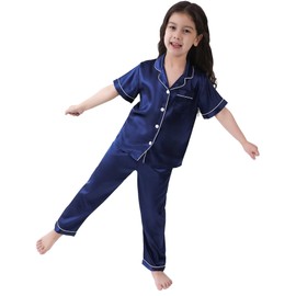 SWOMOG Girls Boys Silk Satin Pajamas Set Button-Down Two-Piece PJs Lounge Sets with Long Pants Navy Blue